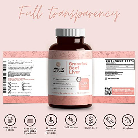 Cápsulas de Fígado Bovino 100% Alimentado com Grama, proveniente de Gado Criado em Pasto na Nova Zelândia — Vitaminas A e B12 com Ferro, Proteína e Mais — Suprimento de 45 Dias (180 Cápsulas) - Mother Nutrient