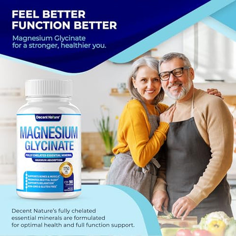 DECENT NATURE - Magnésio Glicinato 525mg – Suplemento de Magnésio Elemental Quelado para Alta Absorção – Marca: Magnésio Glicinato 525mg