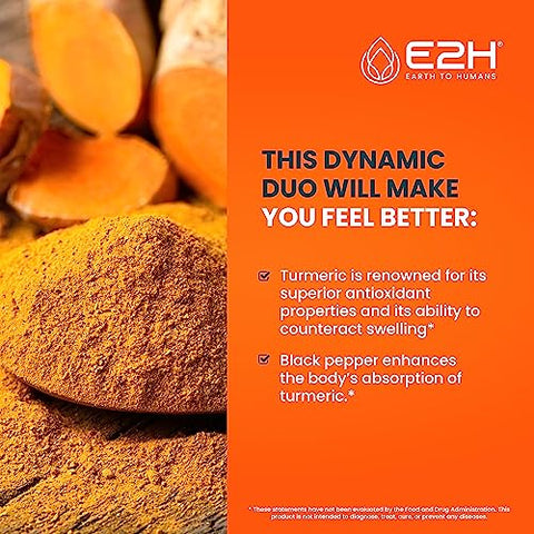 E2H EARTH TO HUMANS - E2H Gotas de Cúrcuma Curcumina com Pimenta Preta – Potencialize sua Saúde – Suporte para Articulações – Vegano – Não-OGM – (2 Frascos)