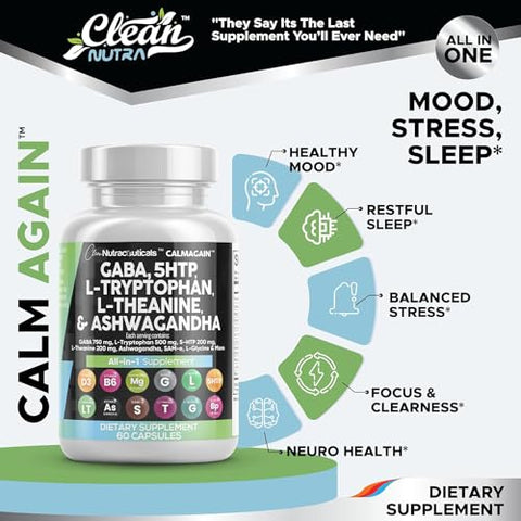 Suplemento para o Humor com GABA 750mg, 5 HTP 200mg, L Triptofano 500mg, L Teanina 200mg, Ashwagandha 3000mg, SAM-e, L-Glicina e L-Tirosina – Vitamina para Homens e Mulheres – Contagem - Clean Nutraceuticals