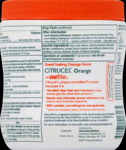 CITRUCEL - Citrucel em Pó de Fibra para Alívio Ocasional da Prisão de Ventre, Fibra de Metilcelulose em Pó, Sabor Laranja – 16 Onças (454g)