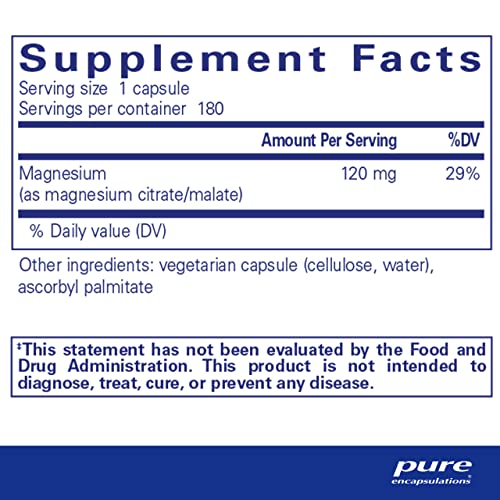 Suplemento de Magnésio (Citrate/Malate) da Pure Encapsulations – Suporte à Utilização de Nutrientes, Energia e Ossos