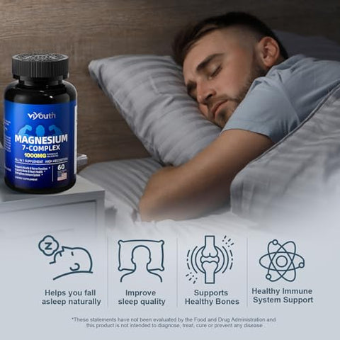 VIYOUTH - Magnésio Glicinato Suplemento, Complexo Avançado de Magnésio 7 com Citrato Malato Quelato Taurato Orotato Aspartato, Cápsulas de Magnésio com Zinco, Vitamina D3
