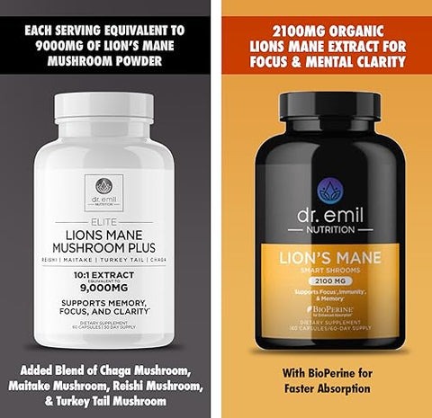 Cápsulas de Suplemento Orgânico de Lion’s Mane 9000mg com Chaga e Reishi – Potencialize sua Saúde Cerebral e Imunidade - DR. EMIL NUTRITION