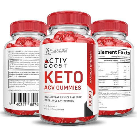 Justified Laboratories - Activboost Keto ACV Gummies Fórmula Avançada 1000MG Active Boost Keto Gummies Vinagre de Maçã Activ Boost Formulado com Romã e Beterraba em Pó B12 Vegano Não GMO 60g
