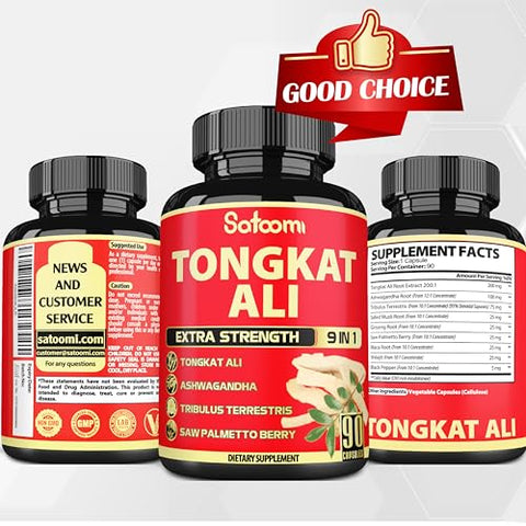 Extrato de Raiz de Tongkat Ali 200 para Homens com 9 Ervas Ashwagandha, Tribulus Terrestris – Aumente sua Vitalidade Masculina - Satoomi