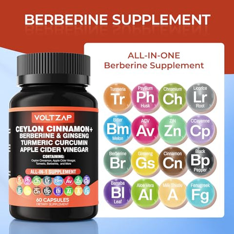 VOLTZAP - Canela do Ceilão 3000mg Cúrcuma 3000mg Ginseng 2000mg Berberina 1200mg: Incluindo Melão Amargo Gymnema Cardo de Leite Feno-Grego para Imunidade