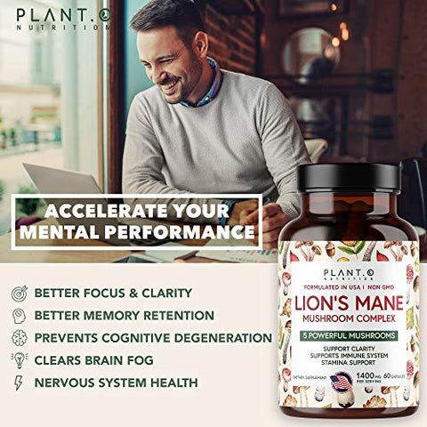 PLANT.O NUTRITION - Plant.O Premium Lion’s Mane – Suplemento Natural para o Cérebro com 5 Cogumelos – Lion’s Mane, Reishi, Chaga, Maitake, Shiitake – Imunidade, Foco, Humor – 60 cápsulas
