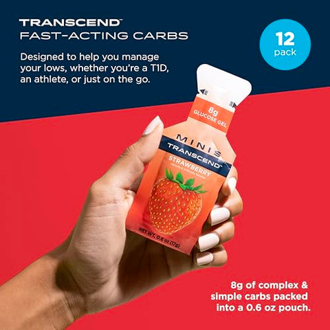Foods Mini Gel de Morango (17g, Pacote com 12) – Gel de Carboidrato de Ação Rápida Sabor Morango – Tamanho de Viagem, Sem Cafeína, Sem Glúten - Transcend