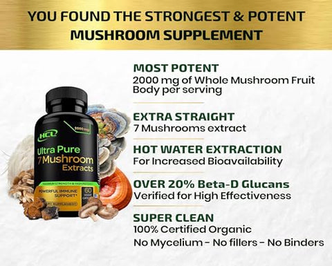 HCL HERBAL CODE LABS - Suplemento de Cogumelo Orgânico Extratos de Lion’s Mane Cordyceps Chaga Reishi Turkey Tail Maitake Shiitake Cápsulas – Vitaminas Naturais Minerais Antioxidantes – Fabricado no Brasil