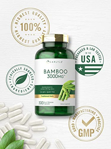 Extrato de Bambu Cápsulas | 3000mg | 300 Unidades | 210mg Sílica | Suplemento Sem OGM, Sem Glúten - Carlyle