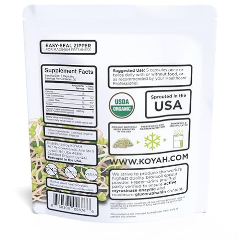 Cápsulas de Broto de Brócolis Orgânico dos EUA: 1 Porção = 1/4 xícara de brotos, Liofilizado, Testado por Terceiros: Mirozinase Ativa e Glucorafanina (Glucosinolato de Sulforafano), 150g - KOYAH