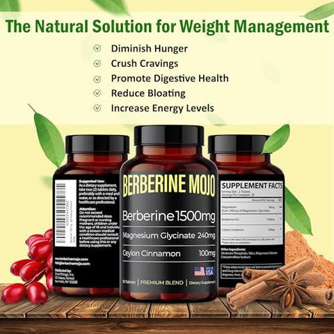 Berberine Mojo - Suplemento de Berberina 1500mg com Glicinato de Magnésio 240mg e Canela do Ceilão 100mg para Saúde Intestinal