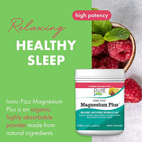 PURE ESSENCE LABS - Pure Essence Labs Ionic Fizz Magnesium Plus – Pó para Bebida Anti-Stress, Sabor Framboesa Limonada, 340g