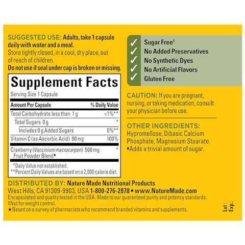 Cranberry 500mg com Vitamina C para Imunidade – Suplemento de Cranberry com Vitamina C – 60 cápsulas - Nature Made