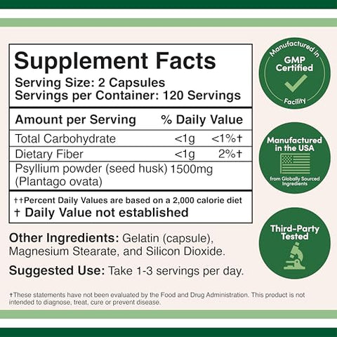 Cápsulas de Psyllium Husk – Suplemento de Fibra (240 Unidades, 1.500mg por Porção) Fibra Solúvel para Manter a Regularidade (Não-OGM) - Double Wood Supplements
