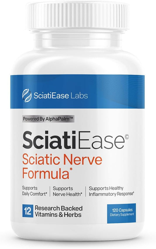 SciatiEase - Suplemento para Suporte à Saúde do Nervo Ciático – Fórmula de Suporte Nervoso com AlphaPalm, Pea, Complexo de Vitamina B, Ácido Alfa Lipóico 300mg – 120 Cápsulas