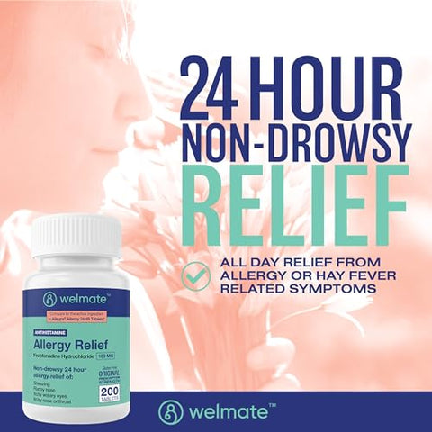 Alívio de Alergia | Fexofenadina HCl 180 mg | Antialérgico Não Sonolento | 200 Comprimidos – Marca WELMATE - WELMATE