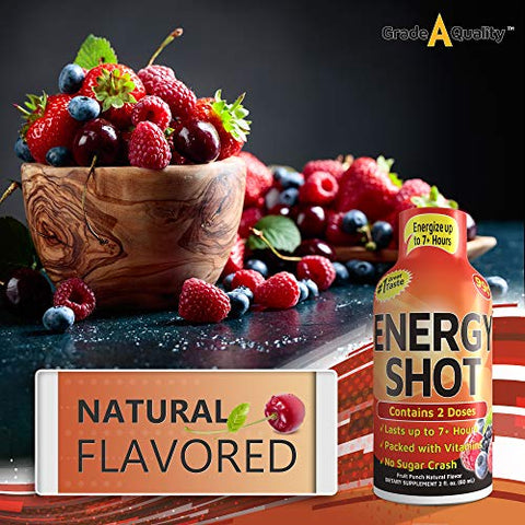 Grade A Quality - Vitamin Energy Shots Sabor Frutas Vermelhas, Até 7 Horas de Energia, 57 ml, 48 Unidades