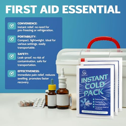 AllSett Health - 50 Pacotes de Gelo Instantâneo (6″ x 4.5″) – Pacotes Descartáveis de Gelo Instantâneo para Lesões | Compressa de Gelo Fria para Alívio da Dor, Inchaço, Primeiros Socorros, Dor de Dente, Atletas