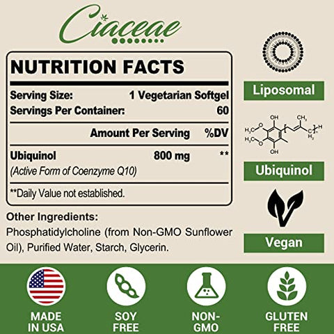 Ciaceae - Liposomal CoQ10 800mg Ubiquinol Softgel – Máxima Absorção, Coenzima Q10 Ubiquinol para Antioxidante e Função Cardíaca – 60 Softgels