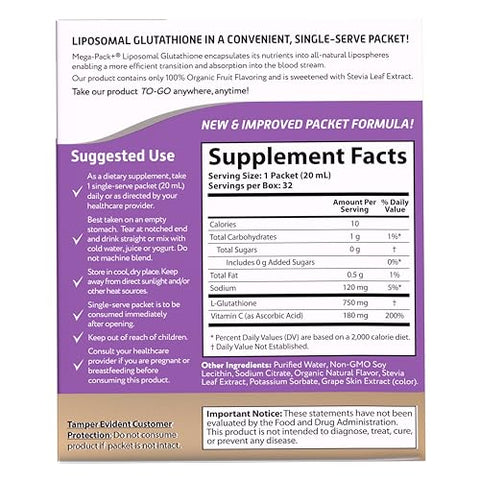 Vida Lifescience - Aurora Nutrascience Mega-Pack Liposomal Glutationa 750 mg, Suporte ao Sistema Imunológico, Antioxidante, 32 Pacotes, Sem OGM, Sem Açúcar, 640 mL