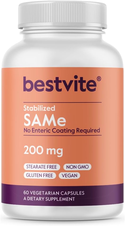 SAM-e 200mg Estabilizado (60 Cápsulas Vegetarianas) – Fácil de Engolir – Sem Revestimento Entérico – Sem Dióxido de Titânio – Sem Estearatos – Vegano – Não Transgênico – Sem Glúten - BESTVITE