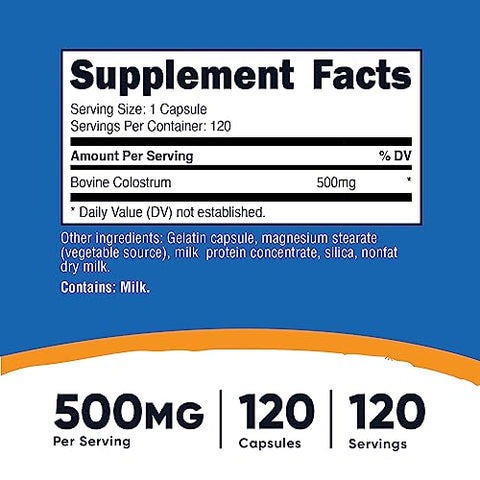 Colostrum 500mg – 120 Cápsulas | Livre de Glúten | Marca Nutricost - Nutricost