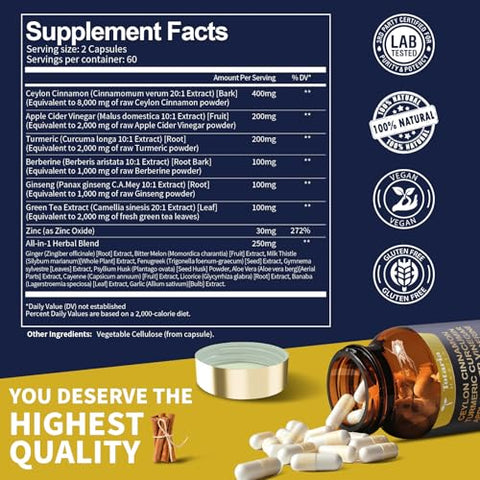 Totaria - Canela Ceylon 18-em-1 8000mg, Vinagre de Maçã 2000mg, Cúrcuma 1000mg, Berberina 1000mg, Ginseng e Melão Amargo para Intestino e Metabolismo