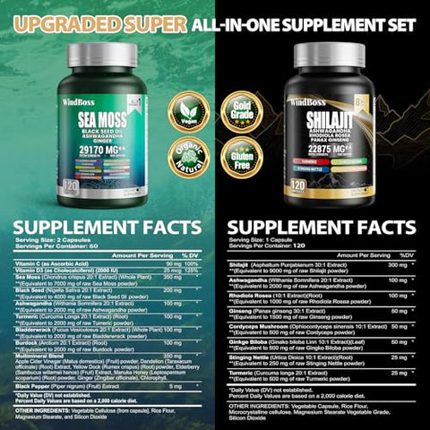 Pacote Sea Moss e Shilajit – 120 Unidades – Seamoss 7000mg, Óleo de Semente Preta 4000mg, Ashwagandha 2000mg, Gengibre – 100% Natural e Potente - WindBoss