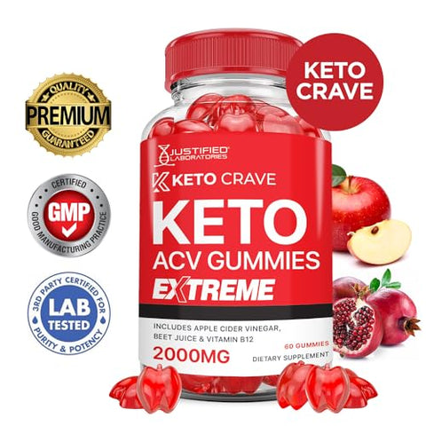 Justified Laboratories - (5 Pacotes) Gomas Keto Crave Keto ACV Extreme 2000MG Fórmula Avançada de Gomas Keto Crave Keto Vinagre de Maçã com Romã e Beterraba em Pó B12 Vegano Não Transgênico 300 Gomas