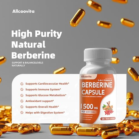 Allcoovita - Berberine Plus Cápsulas – 1500mg por Porção – 120 Unidades – HCI de Berberina – Canela Ceylon Pura – Suplemento de Raiz de HCI de Berberina