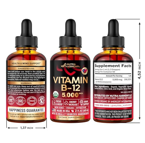 NUTRAHARMONY - Vitamina B12 Sublingual Líquida Vegana – USDA Orgânico 5000 mcg Methylcobalamin – Energia e Foco