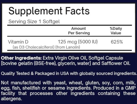Vitamina D3 5000 UI – 125 mcg, Suplemento de Alta Potência para Saúde Óssea, Dental, Articular, Mamária, Cardíaca e Imunológica* 120 Unidades - WOW Supplements