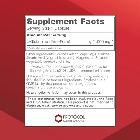 PROTOCOL FOR LIFE BALANCE - Protocolo L-Glutamina 1000mg – Aminoácido – Tecido Muscular, Saúde Intestinal, Saúde Imunológica – 120 Cápsulas Vegetais