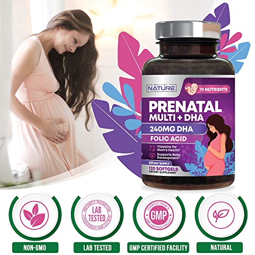 Built by Nature - Vitaminas Pré-Natais para Mulheres – Multivitamínico com DHA, Ácido Fólico, Vitamina C, B12, Ferro