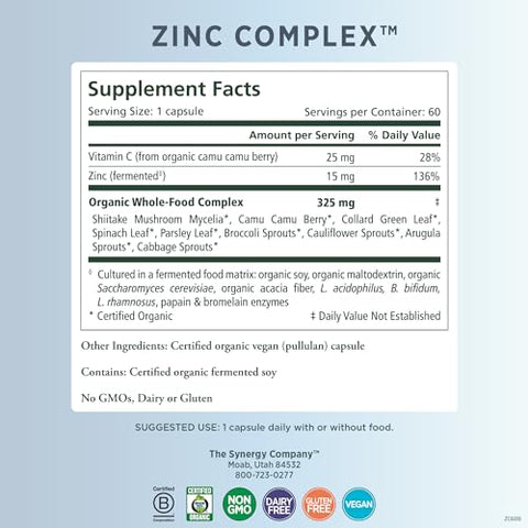 Complexo de Zinco | Suplemento de Suporte Imunológico de Zinco | Complexo de Zinco Natural e Vegano com Vitamina C e Alimentos Integrais Orgânicos | para Saúde Imunológica, Cerebral e da Pele (60 Cápsulas) - PURE SYNERGY