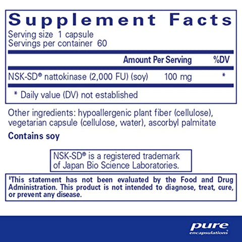 NSK-SD – 100 mg Nattokinase – para Circulação Sanguínea Normal – Suporta Atividade Fibrinolítica – Livre de Glúten - Pure Encapsulations