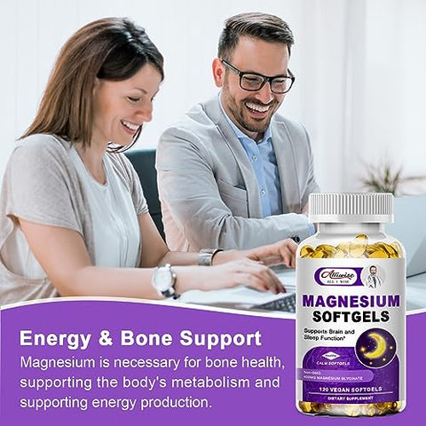 Alliwise - Magnésio Glicinato de Alta Absorção 400mg Cápsulas Softgels, 400 mg de Magnésio Elemental com 100mg de Cálcio – Altamente Bio disponível – com Vitamina D3