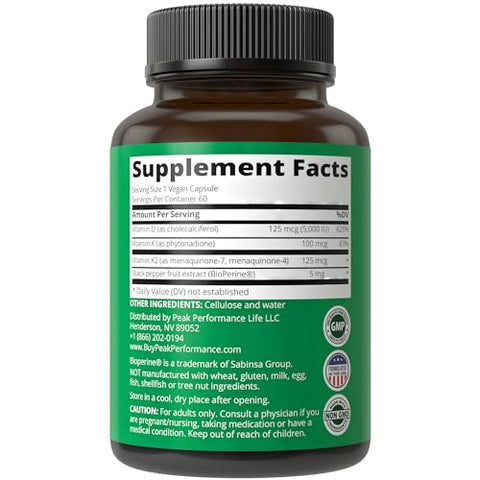 Advanced Vitamin D 5000 IU com os 3 Tipos de Vitamina K – D3, K2, K1, MK-7, MK4. 60 Cápsulas Vegetais Pequenas e Fáceis de Engolir - Peak Performance