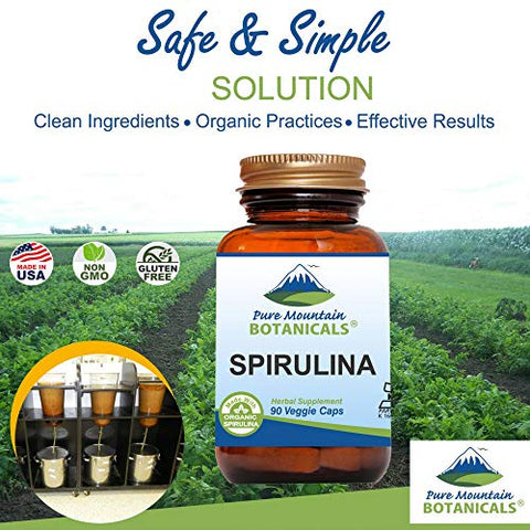 Pure Mountain Botanicals - Cápsulas Veganas Kosher de Spirulina em Pó Orgânico – 90 cápsulas – Suplemento Natural Superfood da