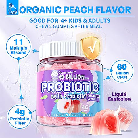 EnvyDeal - Gomas Probióticas Sem Açúcar 60 Bilhões UFC 11 Cepas com Fibras Prebióticas, Gomas Probióticas Recheadas para Saúde Digestiva de Mulheres e Homens, Sabor Pêssego, Auxilia a Constipação