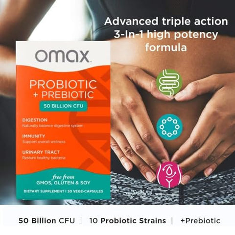 Vegan Probiótico Prebiótico, 50 Bilhões UFC, 10 Cepas Estudadas Clinicamente, Sem Laticínios, Não-OGM, Blister com 90 Cápsulas Vegetais - Omax3