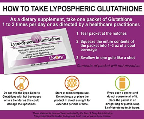 LivOn Laboratories - Lypo-Spheric Glutationa – 30 Pacotes – 450 mg por Pacote – Encapsulado em Lipossomas para Máxima Bioacessibilidade – Fórmula Profissional – 100%% Não-OGM