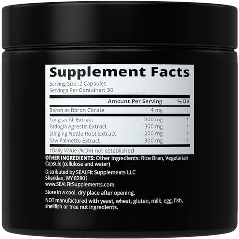 SEALFIT Supplements - SEALFIT Testosterone Booster para Homens. Suplemento 5-em-1 com Boron, Tongkat Ali, Fadogia Agrestis, Raiz de Urtiga, e Saw Palmetto. Energia e Força
