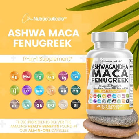 Clean Nutraceuticals - Ashwagandha 5000mg Maca Root 2000mg Fenugreek 3000mg – Tongkat Ali Ginseng – Auxilia no Estresse e Humor – 100% Natural
