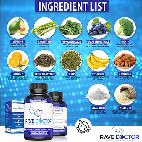 Suplemento Rave Doctor 5 HTP – Vitaminas Essenciais para Rave, Acessórios Rave, Essenciais para Festivais, Equipamentos para Festivais, Rave Essentials, Suplemento 5htp