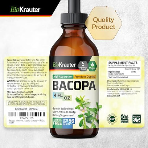 BIO KRAUTER - Bacopa Monnieri Orgânica – Tintura Líquida de Suporte à Saúde Cognitiva – Extrato Herbal Orgânico de Bacopa – Álcool