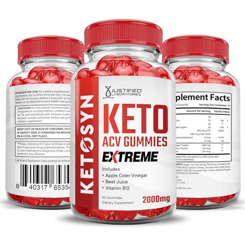 Justified Laboratories - Ketosyn Keto Gummies Extreme 2000MG ACV – Maçã, Romã e Beterraba – B12 Vegan Non GMO 60 Gummys
