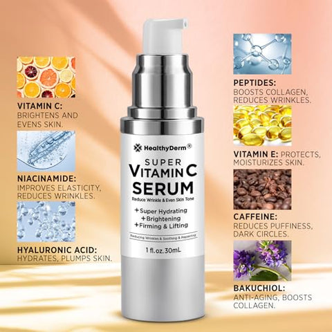 HealthyDerm - Super Serum Vitamina C para Mulheres Acima de 70: Vitamina C, Ácido Hialurônico, Vitamina E, Cafeína, Hidratante, Efeito Lifting, Redução de Rugas Faciais